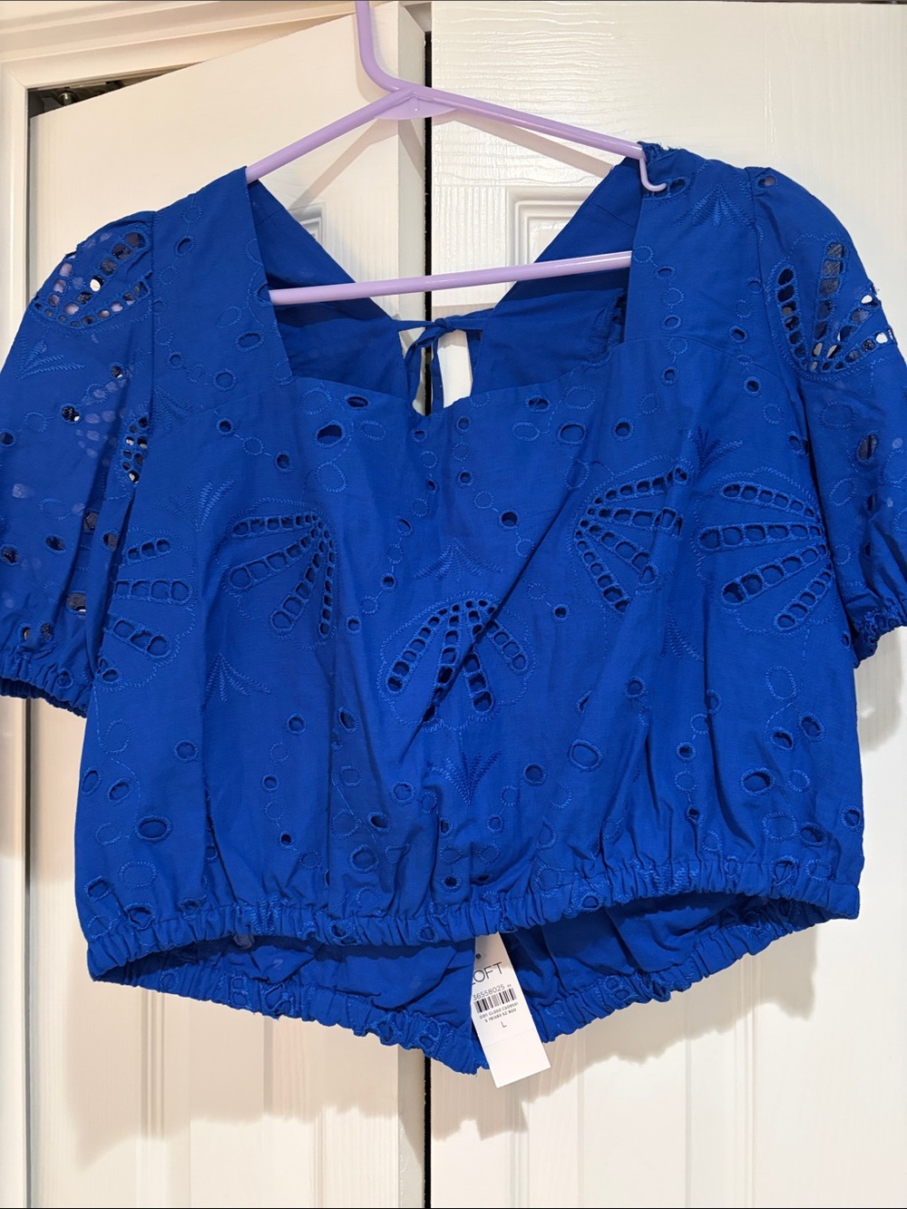 LOFT Royal Blue Eyelet Crop Top with Puff Sleeves